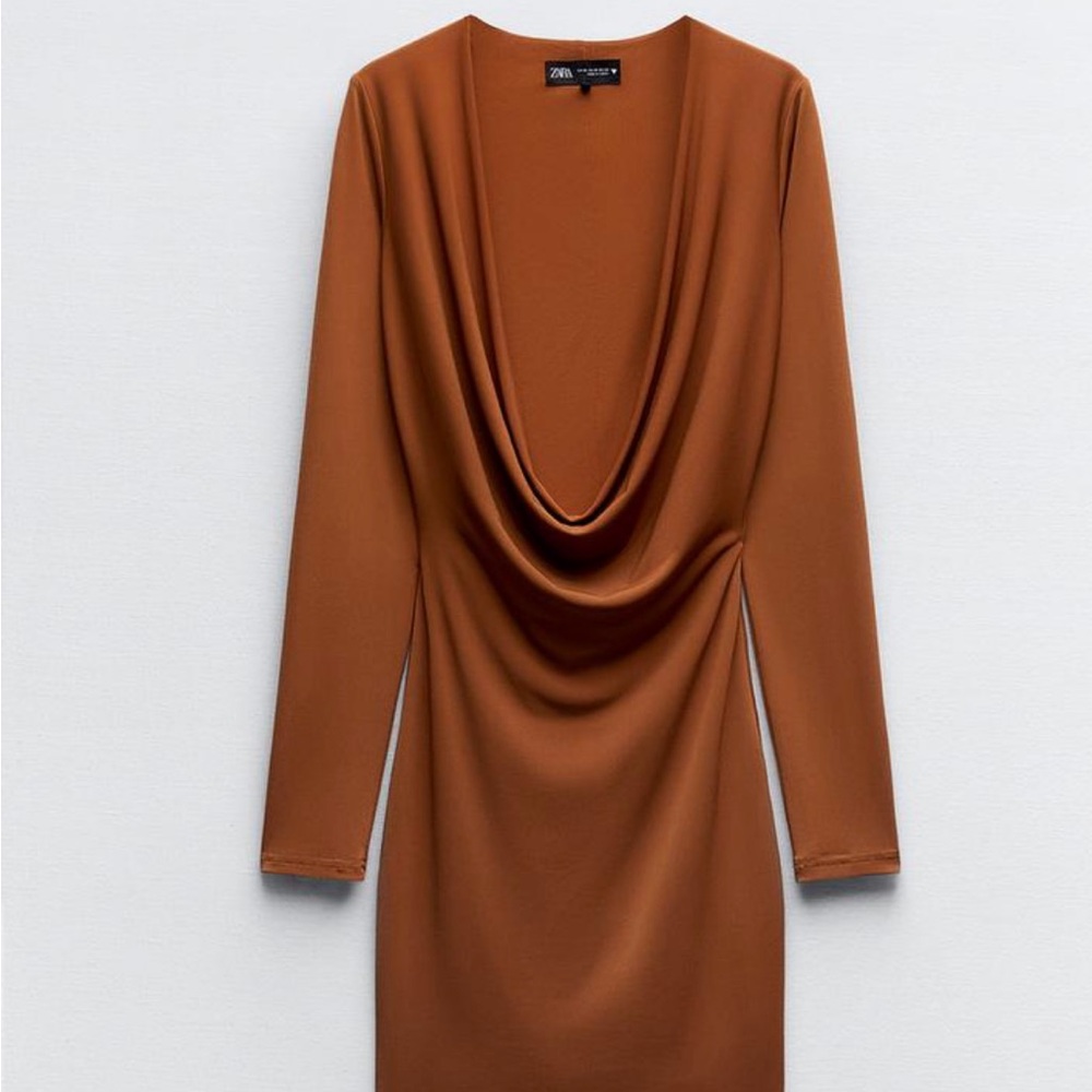 Zara Brown Draped Long Sleeve Dress